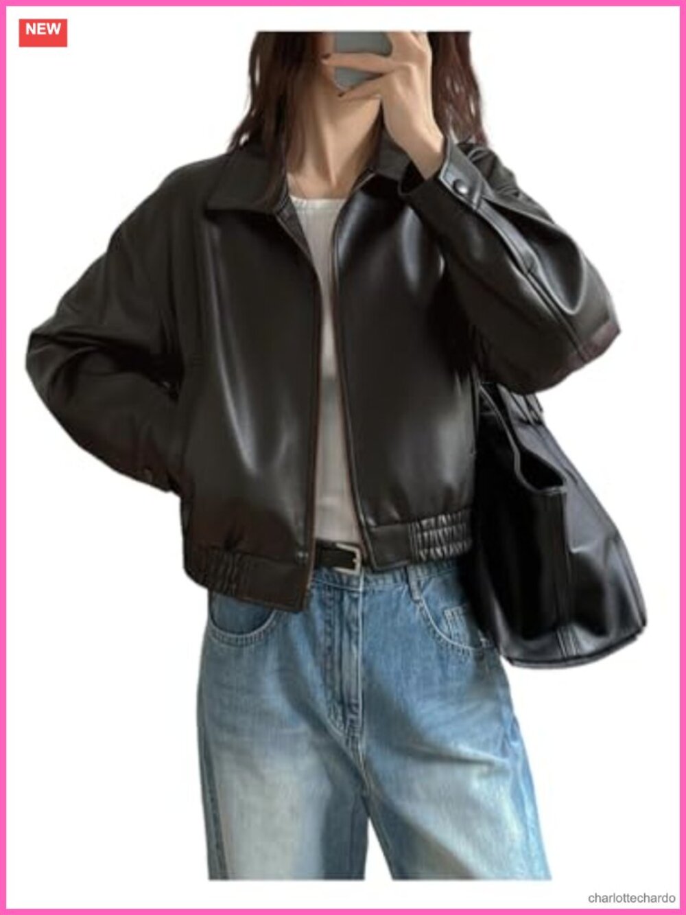 Women's Faux Leather Cropped Bomber Jacket Zip Up Moto Coat with Pockets